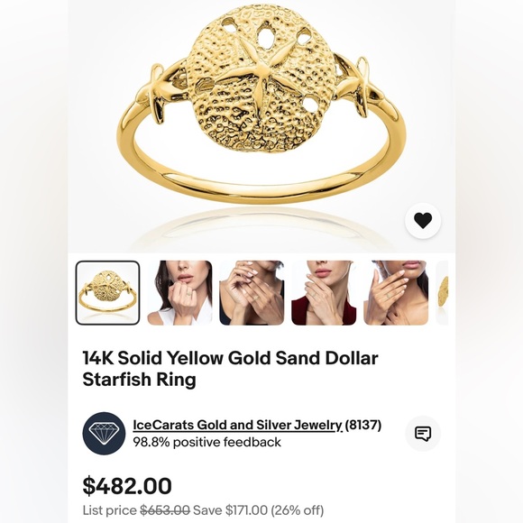 Authentic 14 KT Solid Gold Sand Dollar w/Starfish Ring Size 7.5 Brand New in Box - Picture 8 of 8